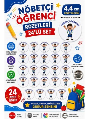 Nöbetçi Erkek Öğrenci Metal Buton Rozet Broş-Çanta Rozeti-Yaka Iğnesi (44MM) 24 Adet