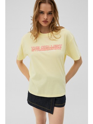 Grimelange Mochı Kadın %100 Organik Pamuklu Yuvarlak Yakalı Baskılı Sarı T-Shirt
