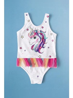 Perendi Kız Çocuk Unicorn Baskılı Tüllü Mayo