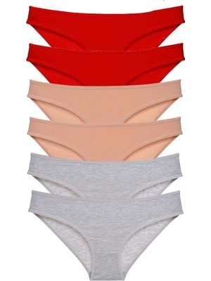 6 Adet Eko Set Likralı Kadın Slip Külot Kırmızı Ten Gri Mery Woman