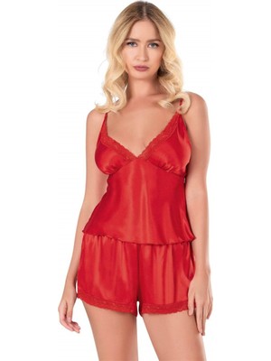 Kırmızı Saten Babydoll Şort Takımı Mery Woman