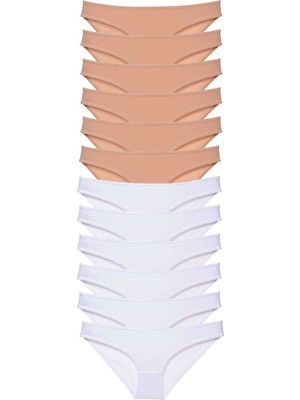 12 Adet Süper Eko Set Likralı Kadın Slip Külot Ten Beyaz Mery Woman