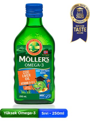 Möller's Omega 3 Tutti Frutti 250 ml; saf morina balığı yağı, IFOS Onaylı,DHA, EPA, A D E vitamini. Çocuklar ve yetişkinler için doğal omega-3 takviyesi