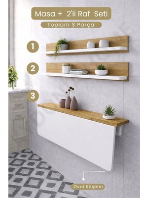 Kydonia Home 60X90 Katlanır Duvara Monte Masa ve 2 Adet 15X90 Raf Seti Oval Köşeli Çift Renk