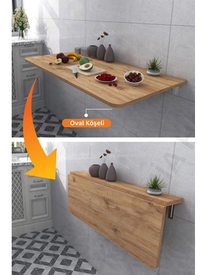 kydonia home 4 köşesi oval çam ahşap desenli sabit raflı duvara monte kırma katlanır yemek mutfak masası