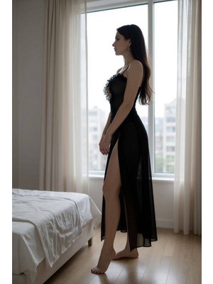Best Dream Siyah Derin Yırtmaç Detaylı Tangalı Gecelik