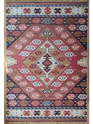 Pera Halı Mercan ve Kahve Geometrik Elmas Desenli Kilim Halı - 12448OU