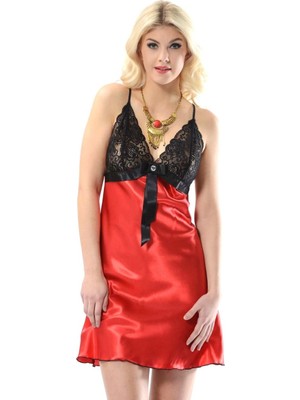 Kırmızı Dantelli Saten Gecelik - M-383 Mery Woman