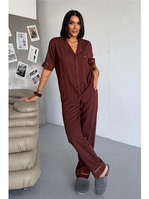 Coccolarsi Nuvola Pura Kahverengi Viskon Kısa Kol Pantolon Pijama Takımı