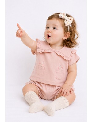 Ozz Baby %100 Pamuk Kız Bebek & Çocuk  Şortlu Omuz Detaylı  Fırfırlı Yazlık  2'li Takım 6 /12/18 Aylık Bedenlerde