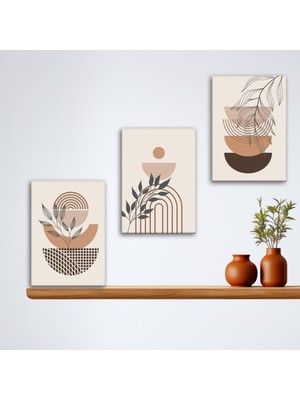 Tilki Dünyası 3'lü Bohem Kanvas Tablo Seti 2 - Modern Boho Duvar Dekoru - Geometrik ve Modern Çizgili 3 Parça Tablo