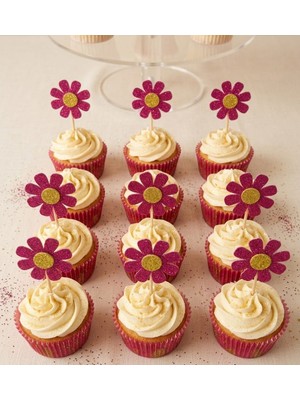 Hediyebigi Papatya Fuşya Renk Simli Cupcake Kürdanı Doğum Günü Parti ve Pasta Süsü 10LU 5 cm