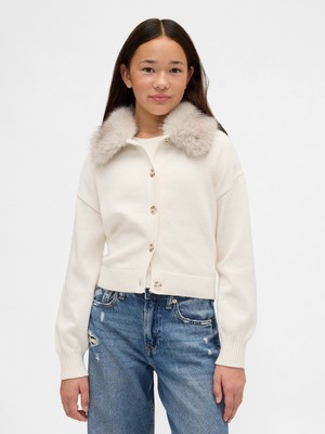 Gap Kız Çocuk Krem Faux Fur-Collar Triko Hırka