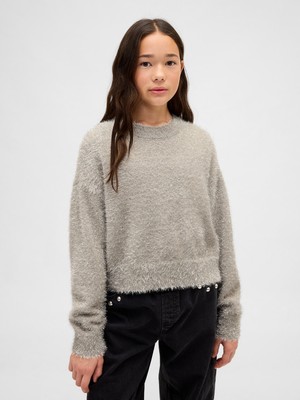 Gap Kız Çocuk Gri Metallic Eyelash Bisiklet Yaka Kazak