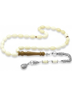 Tesbihane Natural Deve Kemiği Tesbih - 925 Ayar Gümüş Püsküllü - Kuka Imameli - Krem Rengi - Arpa Kesim