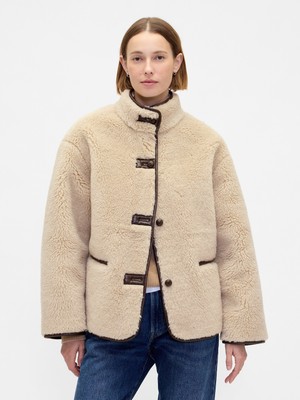 Gap Kadın Bej Recycled Sherpa & Vegan Deri Trim Mont