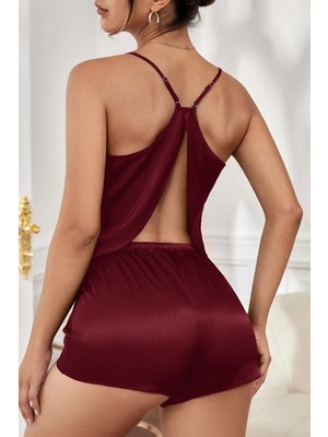Kadın Bordo Asimetrik Sırt Dekolte Detaylı Şık Şortlu Gecelik Takım Mery Woman