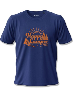 North Whiskers Happy Camper Doğa ve Kamp Temalı Baskılı %100 Pamuklu Unisex Lacivert Tişört