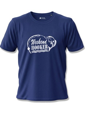 North Whiskers Weekend Hooker Esprili Balıkçı Baskılı %100 Pamuklu Unisex Lacivert Tişört
