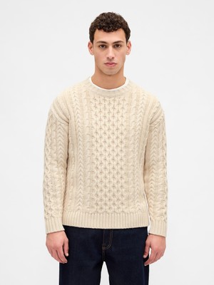 Gap Erkek Bej Relaxed Cable-Knit Kazak