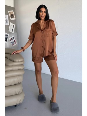 Coccolarsi Essenza Notte Kahverengi Saten Kısa Pijama Takımı