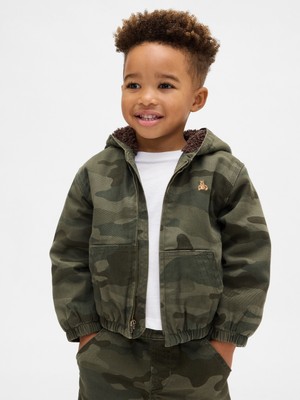 Gap Erkek Bebek Koyu Yeşil Sherpa-Lined Kamuflaj Kapüşonlu Denim Ceket