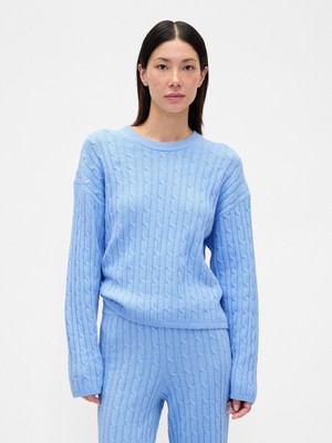 Gap Kadın Açık Mavi Cashsoft Cable-Knit Bisiklet Yaka Kazak