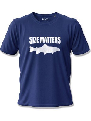 North Whiskers Size Matters Esprili Balık Baskılı %100 Pamuklu Unisex Lacivert Tişört