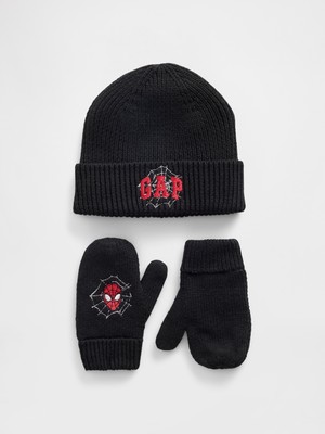 Gap Bebek Siyah Spider-Man Logo Bere ve Eldiven Seti Çocuklar İçin Şık ve Rahat