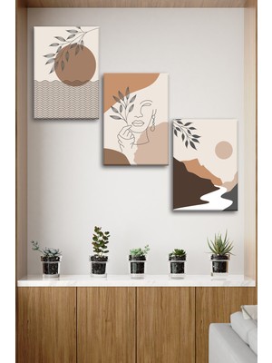 Tilki Dünyası 3'lü Bohem Kanvas Tablo Seti 3 - Modern Boho Duvar Dekoru - Geometrik ve Modern Çizgili 3 Parça Tablo