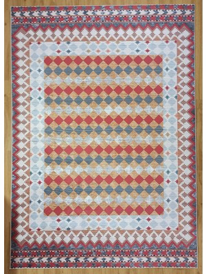 Pera Halı Kiremit ve Hardal Dama Desenli Çok Renkli Kilim Halı - 12882OU