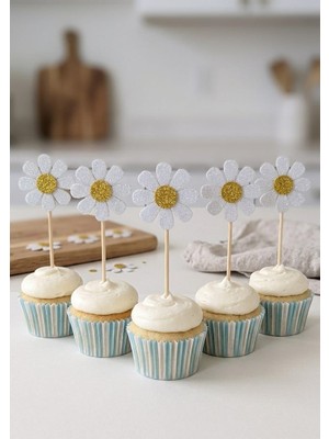 Hediyebigi Papatya Beyaz Renk Simli Cupcake Kürdanı Doğum Günü Parti ve Pasta Süsü 10LU 5 cm
