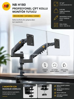 North Bayou Nb H180 17 "-27" Inç Amortisörlü Çift Kol Profesyonel Monitör Tutucu Stand 2-12 kg