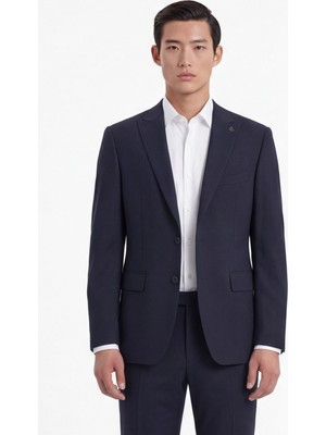 Sabri Özel Erkek Lacivert Dar Kesim Slim Fit Yünlü Çizgili Sivri Yaka Klasik Paça Tam Astarlı 6 Drop Takım Elbise