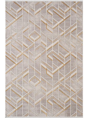 Karmen Halı Mira A02909 Gri Halı Akrilik Dekoratif Çizgili Gold Detaylı Modern Desen Yumuşak Tozuaz Salon Halısı