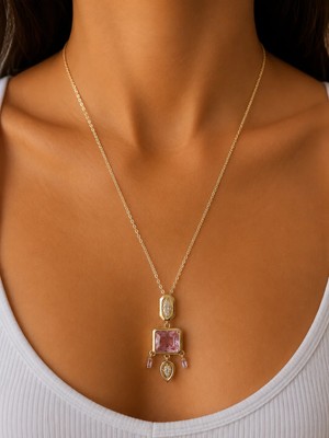 Girift Vintage Azen Pembe Taşlı Gold Kolye