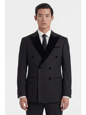 Giotelli Erkek Siyah Dar Kesim Slim Fit Viskon Normal Bel 6 Drop Smokin Takım Elbise