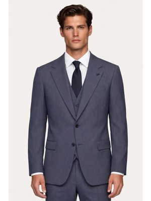Giotelli Erkek Koyu Lacivert Dar Kesim Slim Fit Pamuklu Dokuma Çizgili 8 Drop Yelekli Takım Elbise
