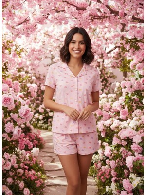 NiCe İç Giyim Toz Pembe Renk Kalpli Desen Kısa Kol Gömlek & Şort Kadın Pijama Takım Milan Baharlık Kumaş