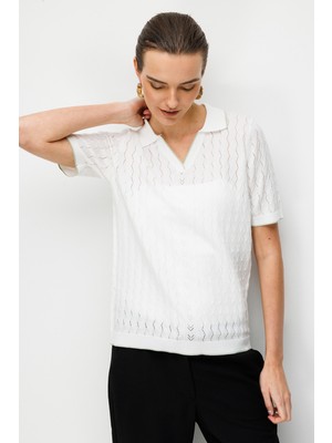 Desen Triko Kadın Polo Yaka Ajurlu Ince Triko Bluz 26355 Kemik