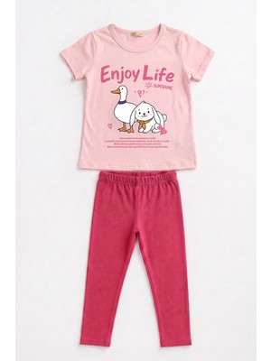 Perendi Kız Çocuk Enjoy Life Baskılı Kısa Kollu Tişört ve Tayt Takımı