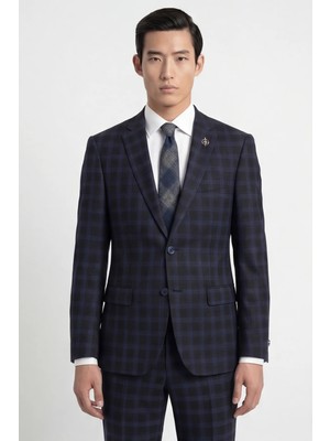Giotelli Erkek Siyah Dar Kesim Slim Fit %100 Yün Dokuma Ekose Normal Bel 6 Drop Klasik Takım Elbise
