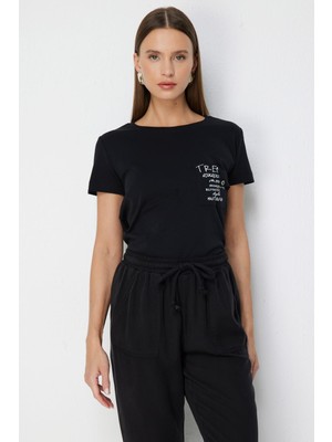 On Kadın Yazı Detaylı Sıfır Yaka Pamuklu T-Shirt 71464 Siyah