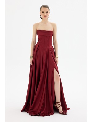 Carmen Kadın Yırtmaçlı Uzun Saten Abiye Elbise 58588 Bordo