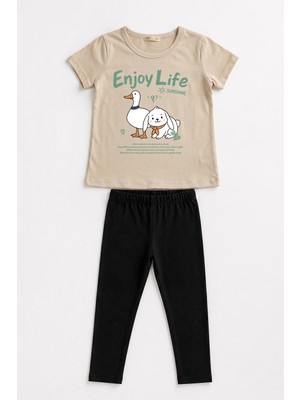Perendi Kız Çocuk Enjoy Life Baskılı Kısa Kollu Tişört ve Tayt Takımı