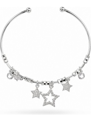 Serelya Pirinç Zirkon Taşlı Yıldız Model Gümüş Renk Charm Bileklik