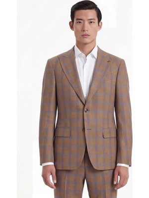 Sabri Özel Giotelli Erkek Kahve Dar Kesim Slim Fit Viskon Ekose Mono Yaka Fleto Kapaklı Cep Çift Yırtmaçlı Tam Astarlı 6 Drop Takım Elbise