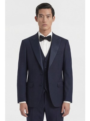 Giotelli Erkek Koyu Lacivert Dar Kesim Slim Fit Viskon Fleto Kapaklı Cep Çift Yırtmaçlı Tam Astarlı Sivri Yaka 6 Drop Smokin Takım Elbise