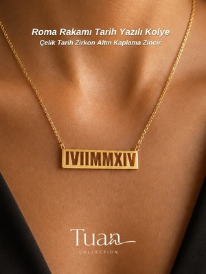 Tuan Collection Roma Rakamı Tarih Yazılı Gold Çelik Tarih Zirkon Altın Kaplama Zincir Kişiselleştirilebilir Kolye