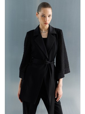 Moda İlgi Moda Ilgi Kadın Kolu Incili File Kumaştan Uzun Ceket 5013 Siyah